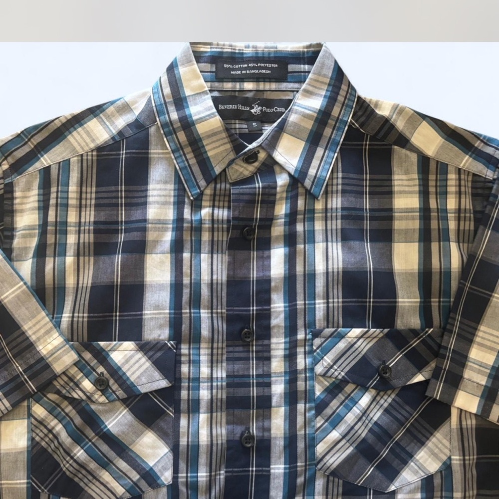 Beverly Hills Polo Club Navy and Beige Plaid Shirt